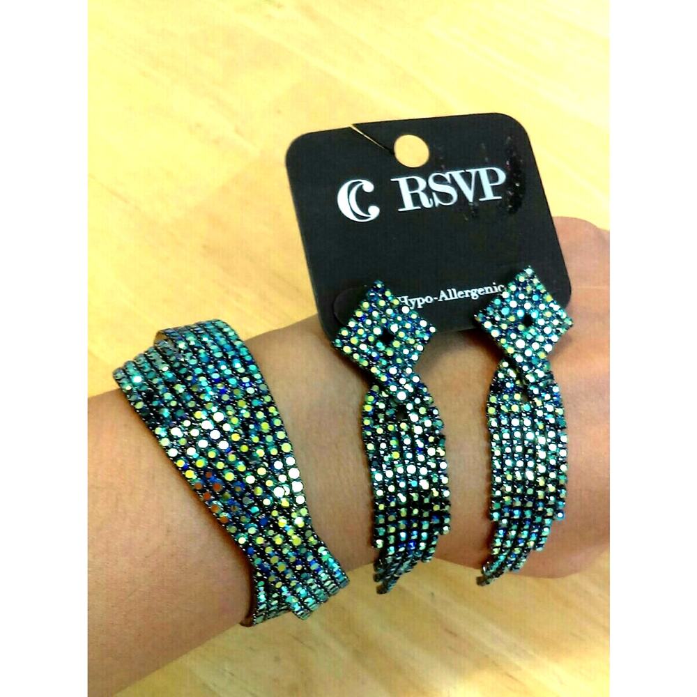 Set of 2 RSVP Glam Blue Rhinestones Bangle & Dangling Hypo-Allergenic Earrings